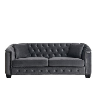 VYNXARIA 77-Inch Modern Velvet Sofa, 3-Seater Sofa, Tufted Backrests with Nailhead Arms and 2 Cushions for Living Room, Bedroom, Apartment(Grey) - 1 of 4