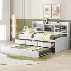 NicBex Twin Size Platform Bed Modern Pine Bed Frame with Trundle, Open Storage Bookshelves and 3 Drawers for Bedroom, No Box Spring Required, White - 1 of 4
