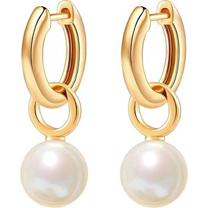 Gold Huggie Hoop Earrings with Pearl Drop Charms - Handmade Karma Circle Jewelry, Lightweight Christmas Gift - 1 of 4