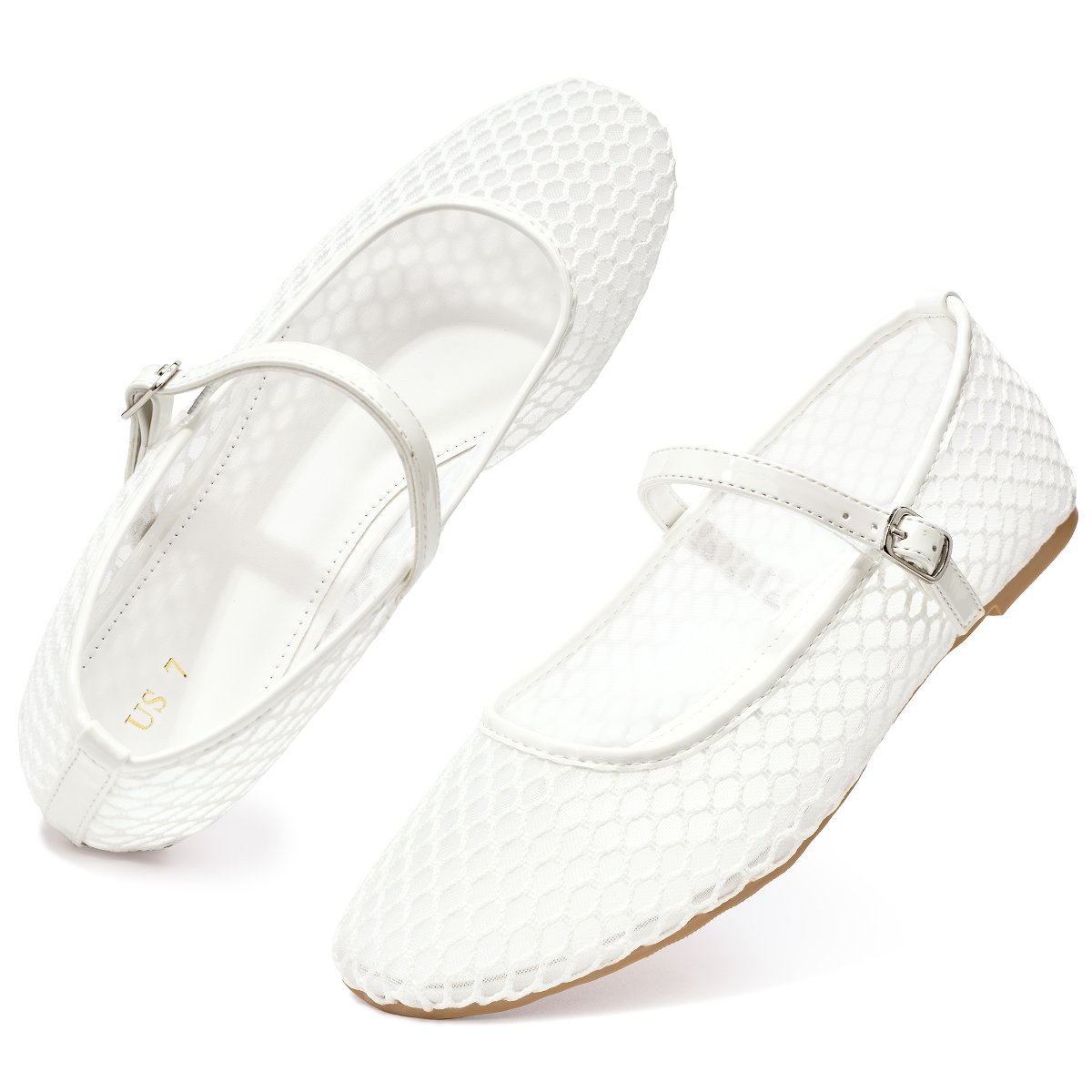 Женские туфли BLISSFUL STEP Round Toe Buckle Strap Breathable Mesh Ballet Flats Pumps for Women 9.5 White — фото 2