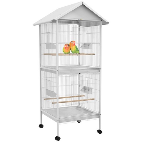 Pawhut Wrought Metal Bird Cage Feeder With Rolling Stand Perches Food  Containers Doors Wheels 67 H, White : Target