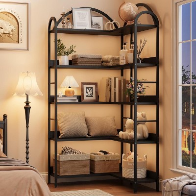 Corner Bookshelf, Bookshelf with Metal Frame & Wood Shelves,Corner Shelf for Living Room, Bedroom, Office - Space Saving Storage Shelf for Books