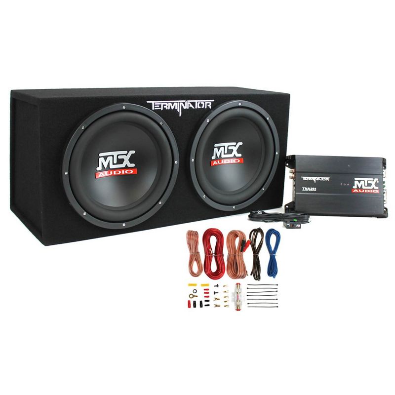 MTX 12" 400 Watt RMS Dual Loaded 1200 Watt Car Subwoofer Enclosure Audio with Sub Box, Mono Block & 8-Gauge Amplifier Complete Wiring Installation Kit, 1 of 7