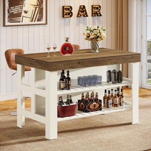 Tribesigns Home Bar Table Unit with Storage Shelves, 55.1-Inch Farmhouse Counter Height Bar Cabinet for Kitchen Dining Room,Brown - 1 of 4