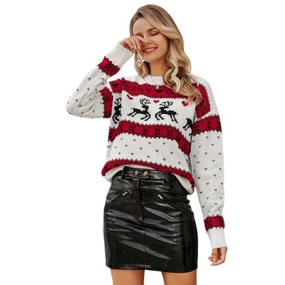 Coolmee Women Pullover Christmas Long Sleeve Crewneck Heart Reindeer Holiday Casual Knit Sweater Winter Clothes