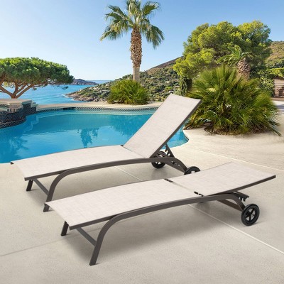 Beige Adjustable Metal Frame Chaise Lounge with Wheels