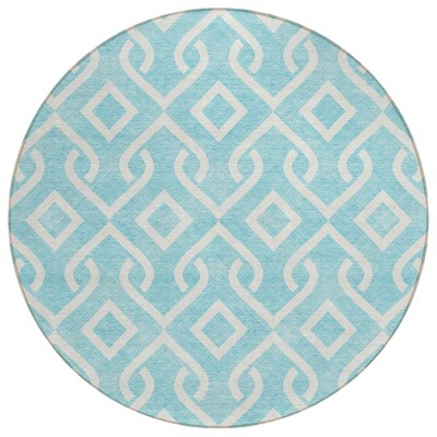 Aqua And Ivory Geometric Washable Indoor Outdoor Area Rug