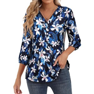 Nlife Women's Casual V Neck Floral Print 3/4 Length Sleeve Blouses Tropical Hawaiian Shirt Tops - 1 of 4