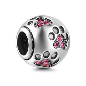 Dog Puppy Paw Print Charm European Bead Pink CZ Sterling Silver Ginger Lyne Collection - 1 of 4