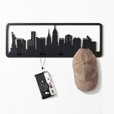 Black Fir Wood Skyscraper Wall-Mounted Coat Rack with 4 Hooks