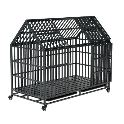 FURNIinspire Pet Crates and Houses 52 Inches Premium Heavy Duty Dog Crate with Removable Top and Wheels for Large Breed Dogs, Black, 45"*29.5"*52"