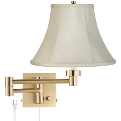 Barnes and Ivy Modern Swing Arm Wall Lamp Warm Antique Brass Plug-In Light Fixture Creme Fabric Bell Shade Bedroom Bedside Reading