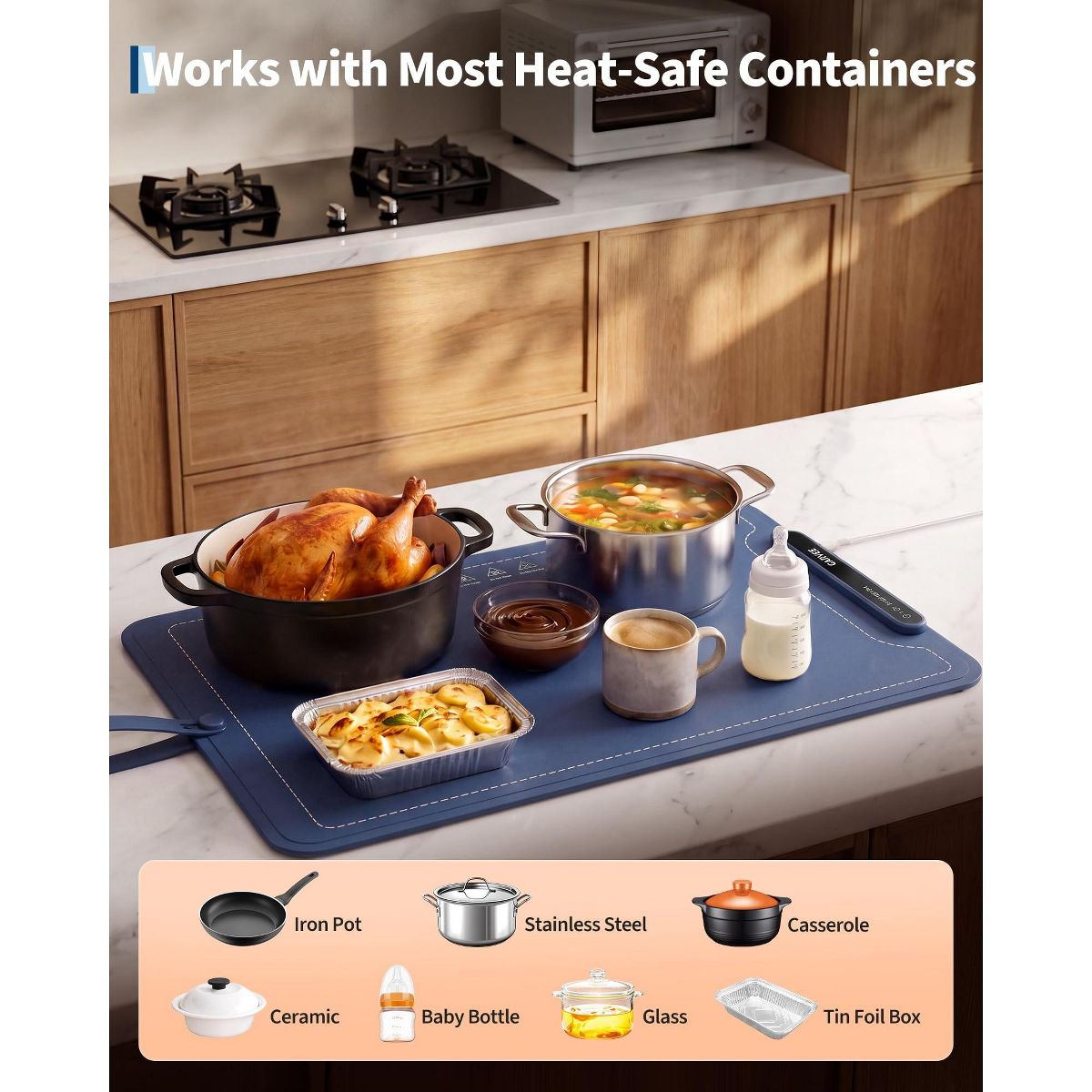 Garvee 24"x16" Electric Food Warming Mat, 3 Temps, 6H Timer, 250W, Child Lock, Auto Shut-Off – Rollable Silicone Warmer for Kitchen, Buffet, Parties - thumbnail 6
