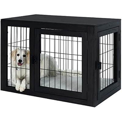 Furniture-Style Dog Crate - Acacia Wood Kennel for Medium Dogs with Double Doors and Cushion - Dog Cage Furniture by PETMAKER (Black)
