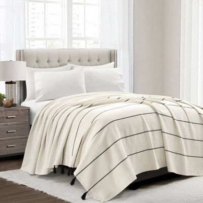 Lush Décor Farmhouse Boho Stripe Woven Tassel Yarn Dyed Recycled Cotton Coverlet Ivory/Black