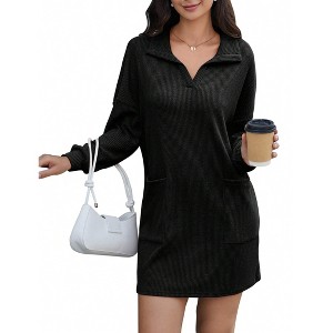 Women's Polo Collar Knit Mini Dress - Long Sleeve Loose Fit Shift Dress with Pockets - 1 of 2