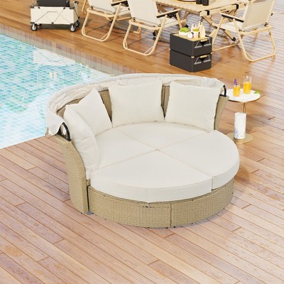 Oris 4-piece Rattan Outdoor Patio Daybed, Round Sofa with Retractable Canopy and 4 Pillows, Tanning Near Me - Maison Boucle