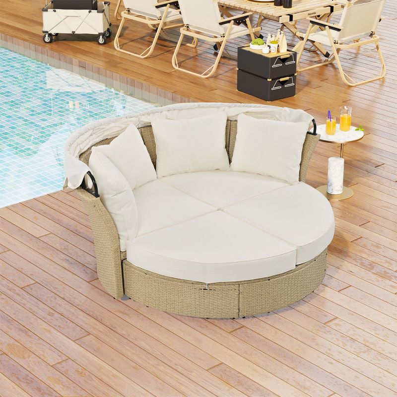 Outdoor Patio Rattan Daybed, Round Wicker Double Daybed Sofa with Retractable Canopy and 4 Pillows 4M -ModernLuxe, 2 of 13