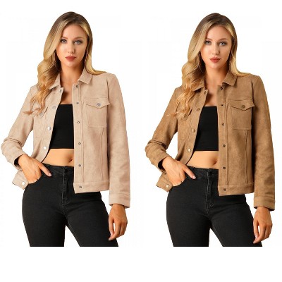INSPIRE CHIC Women's Turn-Down Collar Flap Pockets Snap Button Faux Suede Jacket 2 Packs