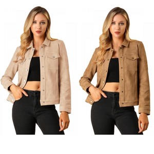 INSPIRE CHIC Women's Turn-Down Collar Flap Pockets Snap Button Faux Suede Jacket 2 Packs - 1 of 4