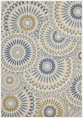 Cream and Green Synthetic Easy Care Indoor/Outdoor Rug
