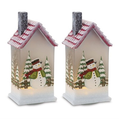 Melrose Lighted House with Snowman (Set of 2)
