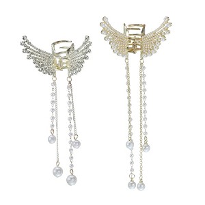 Unique Bargains Women's Butterfly Faux Pearl Tassel Hair Clips and Pins Gold Tone 2 Pcs - 1 of 4
