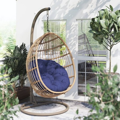 TK Classics Wicker and Steel Swing Chair Hammock/Cushion/Stand in Beige/Navy