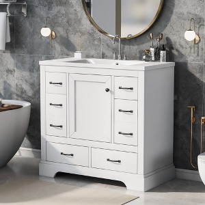 36" Bathroom Vanity with Sink Combo, Six Drawers, Multi-Functional Drawer Divider, Adjustable Shelf, White - 1 of 4