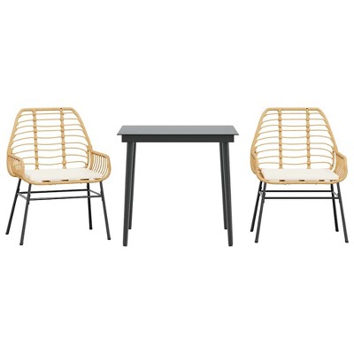 vidaXL Patio Dining Set - 3 Piece Poly Rattan Table & Chairs with Cushions, Tempered Glass Top, Outdoor/Garden/Backyard/Patio Furniture, Brown