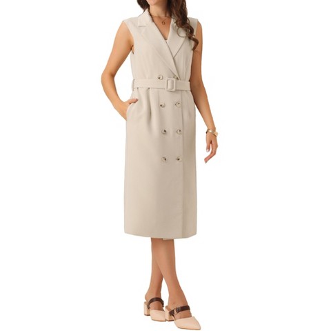Женские платья INSPIRE CHIC Women's Notched Lapel Double Breasted Belted Work Office Sleeveless Blazer Dress Apricot Medium