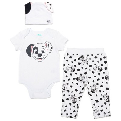 Image of Disney Classics Patch Infant Baby Boys or Girls Bodysuit Pants and Hat 3 Piece Outfit Set White 24 Months