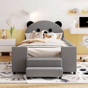 Twin Size Upholstered Daybed with Bear Shaped Headboard, Hydraulic System and Breathable Mesh Fence, Gray - 1 of 4