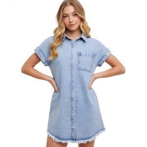 Knit & Lounge Women’s Short Sleeve Denim Shirt Dress Collared Button Down Front Chest Pocket Side Pockets Raw Hem - 1 of 4