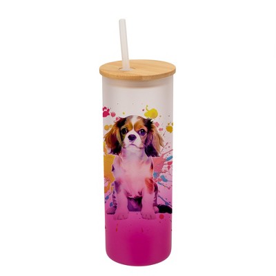 100 North 25 Ounce Frosted Glass Gradient Travel Tumbler With Straw & Wooden Lid, King Charles Spaniel Paint Splatter Pink