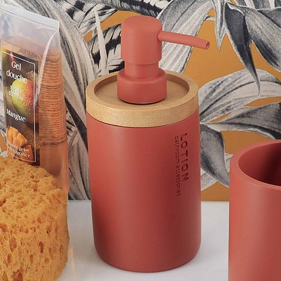 Evideco French Home Goods Elegant Soap Dispenser - Polyresin and Bamboo Design, Refillable Liquid Pump