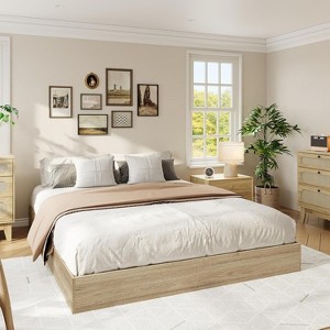 King Wood Bed Frame, Floor Standing, Wooden Slats, No Box Spring Needed, Noise Free & Easy Assembly, Modern Minimalist, Burlywood/Walnut Wood - 1 of 4