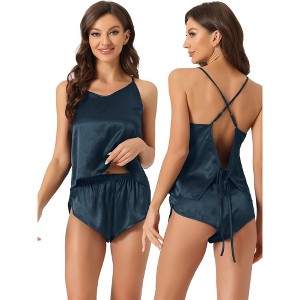 cheibear Women's Sliky Satin Sleeveless Cami Sleepwear with Shorts Lounge Pajamas Set - 1 of 4