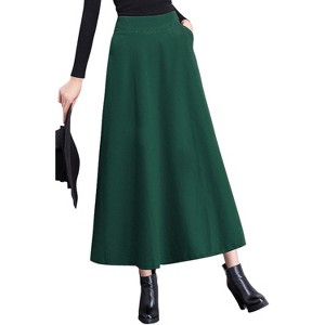 Women's Wool A-Line Maxi Skirt - Fall Winter Swing Pleated Long Skater Skirt Pocket-green - 1 of 4