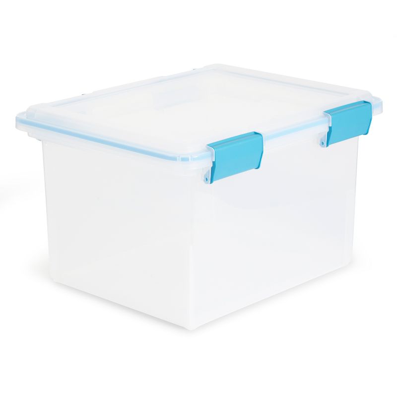 Sterilite 32 Quart Stackable Clear Plastic Storage Tote Container with Blue Gasket Latching Lid for Home and Office Organization, Clear, 2 of 7