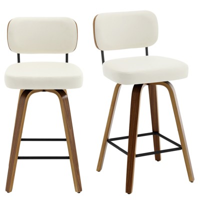 Bekrvio 26" Swivel Counter Height Bar Stools - Upholstered Faux Leather with Back, Bent Wood Legs, Mid Century Modern Kitchen Island Counter Stools