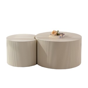Vynxaria Series 30 in. Beige Cream Round Wooden End Table with Handcrafted Relief and Sturdy Pedestal - 1 of 4