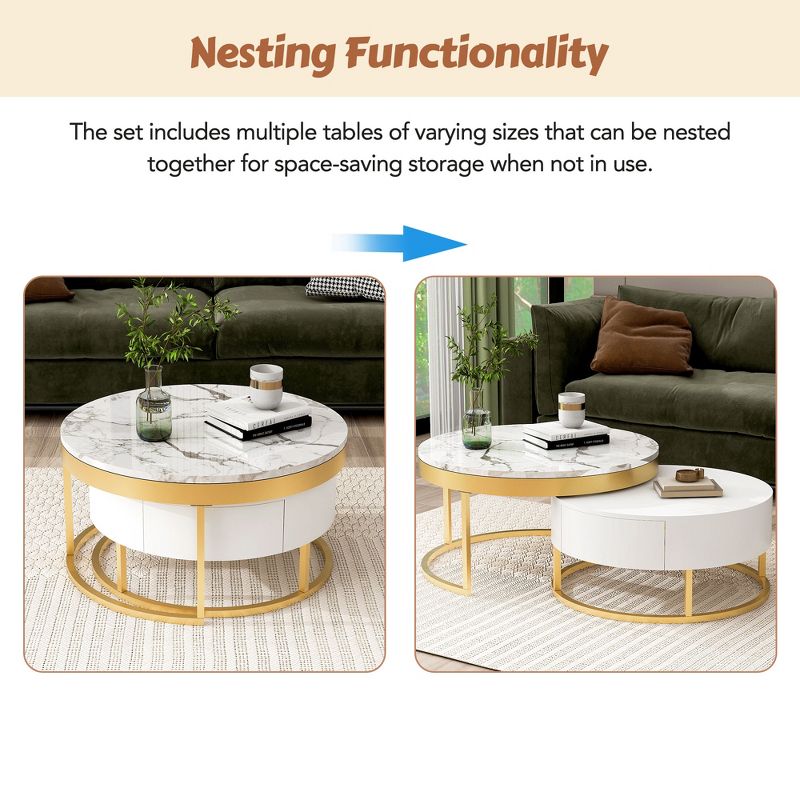 Modern Round Nesting Coffee Table, Cocktail Table with 2 Drawers, Golden+White-ModernLuxe, 5 of 16
