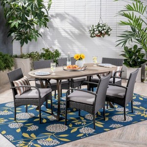 Christopher Knight Home Mason Outdoor Acacia Wood and Wicker 7 Piece Dining Set with Cushions - 1 of 4