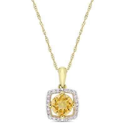 EVERLY JEWELRY | 10K Yellow Gold 3/4 CT TGW Citrine and 1/10 CT TW Diamond Square Halo Pendant with Chain - 17 inch
