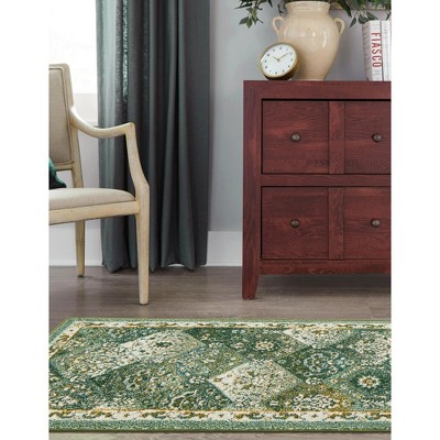 Green and Beige Synthetic Runner Rug with Traditional Design