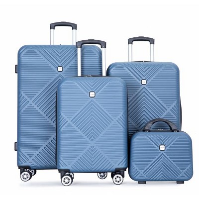 Vynxaria 4-Piece Blue ABS Lightweight Luggage Set 14" Makeup Box + 20/24/28" Suitcases with Aircraft Wheels