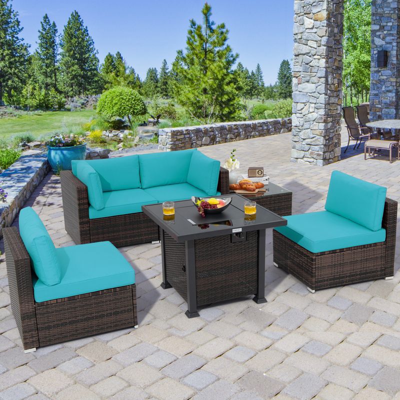 Tangkula 6 Piece Patio Wicker Conversation Set, Outdoor Rattan Sofa Set w/ 32" Propane Fire Pit Table, 50,000 BTU Heat, Tempered Glass Tabletop Black/Navy Blue/Red/Turquoise/Off White, 3 of 11
