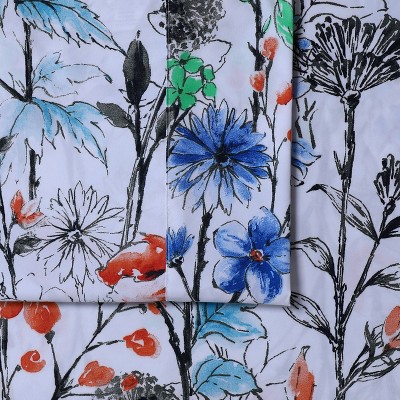 King Size White and Multicolor Floral Print Microfiber Sheet Set
