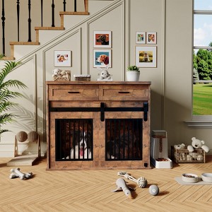 42'' Dog Crate Furniture with Storage Drawers,with 2 Sliding Barn Doors, Wooden Double Dog Cage TV Stand Multi-Functional Dog Crate End Table - 1 of 4